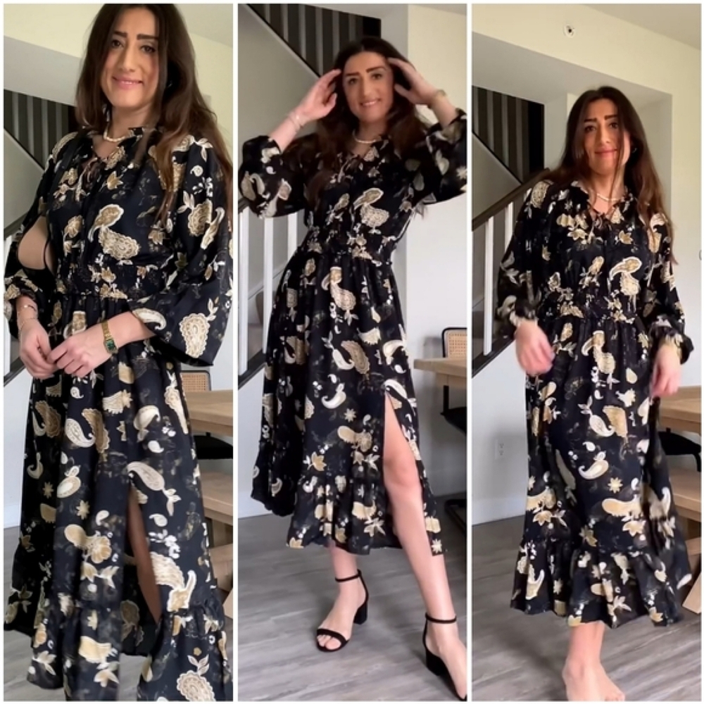 Like New Blencot Black Yellow Paisley Floral Long Sleeve Flowy Maxi Dress L - Picture 6 of 13